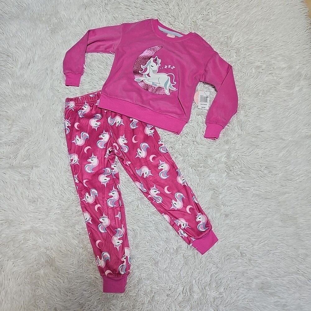 Dots and Dreams Pajama Set Girls XXS (4-5) Fleece Unicorn Pants Long Sleeve